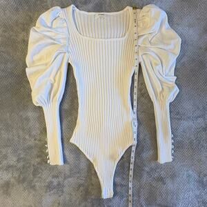 Large Thinkable Winter White Sweater Long Puff Sleeve Ribbed Bodysuit Thong Back